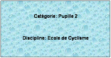 Zone de Texte:  
Catgorie: Pupille 2
 
Discipline: Ecole de Cyclisme
 
 
 
