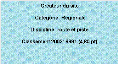 Zone de Texte: Crateur du site
 Catgorie: Rgionale
Discipline: route et piste
Classement 2002: 9991 (4,80 pt)
 
 
 
