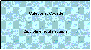 Zone de Texte:  Catgorie: Cadette

Discipline: route et piste

 
 
