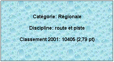 Zone de Texte:  
Catgorie: Rgionale
Discipline: route et piste
Classement 2001: 10405 (2,79 pt)
 
 
